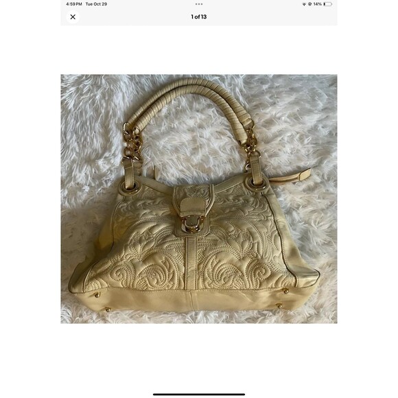 BCBG Max Azria Cream/Yellow Tooled Leather Double Handled Shoulder Purse/Bag - Picture 1 of 12